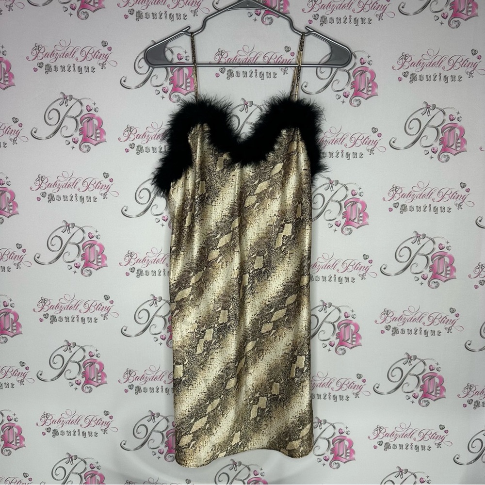 Cinema exoile fur Snake Print Dress Black Fur Trim furry feathers - Picture 4 of 6